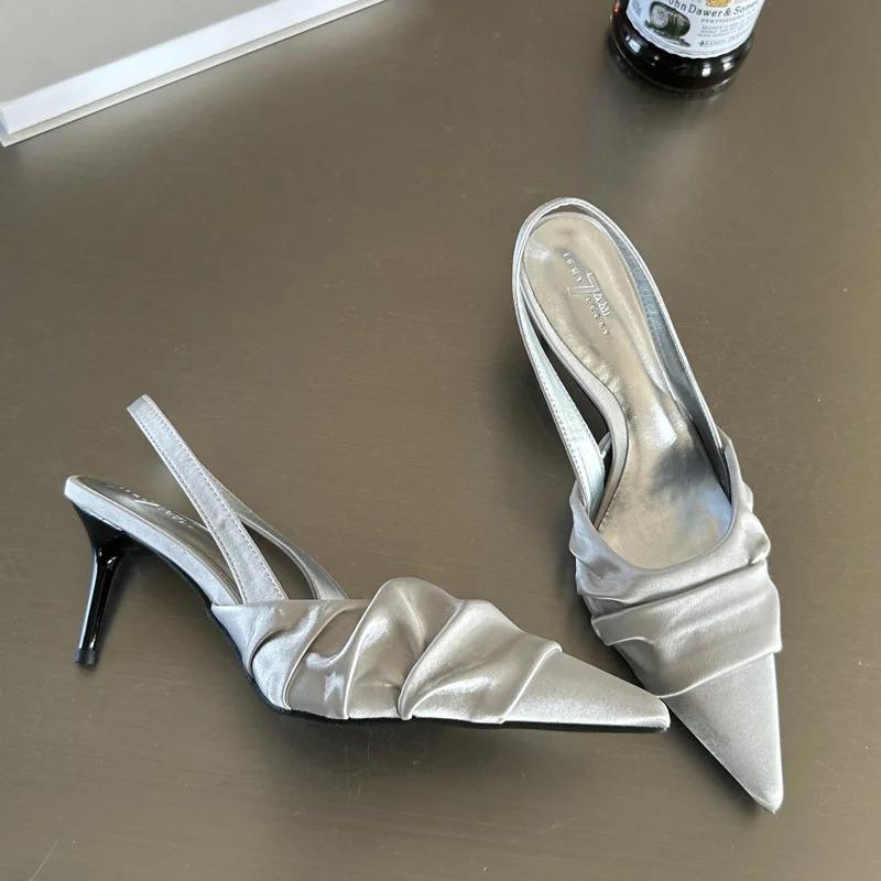 Брендовые женские туфли с открытой пяткой, модные весенние новые модные женские туфли на высоком каблуке, элегантные босоножки с острым носком и средним каблуком