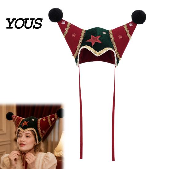 Velvet Jester Headwear for Adults Christmas Hat, Star Clown Hat with Gold Trim Pom Creative Outfit Accessories Poms, Adjustable Tie, Cosplay
