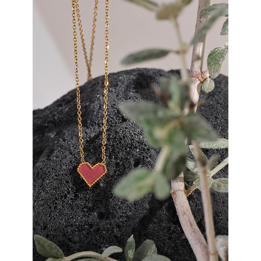 Yhpup Red Acrylic Heart Pendant Stainless Steel Romantic Necklace for Women Exquisite Trendy Jewelry 18K PVD Plated Wholesale
