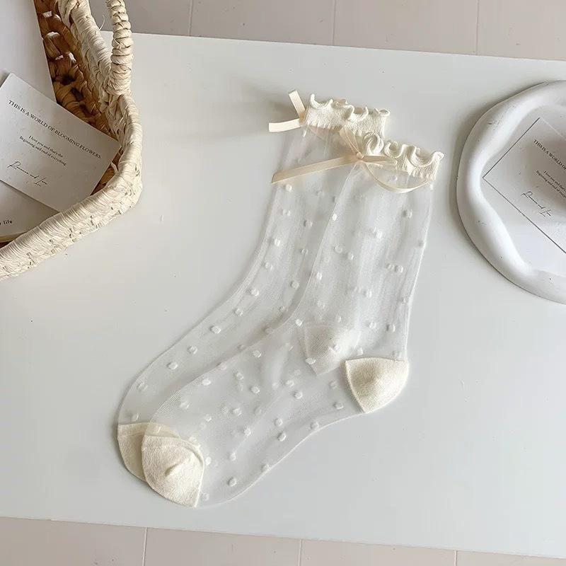Spring and Summer Women's Style Transparent Silk, Black Fungus, Polka Dot, Bow, Crystal and Glass Fiber Women's Socks