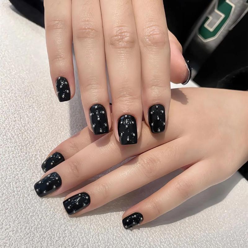 10PCS Handmade False Nails Press on with Steel Ball Black Acrylic Fake Nails Reusable Cool Artificial Manicuree Wearable Fashion