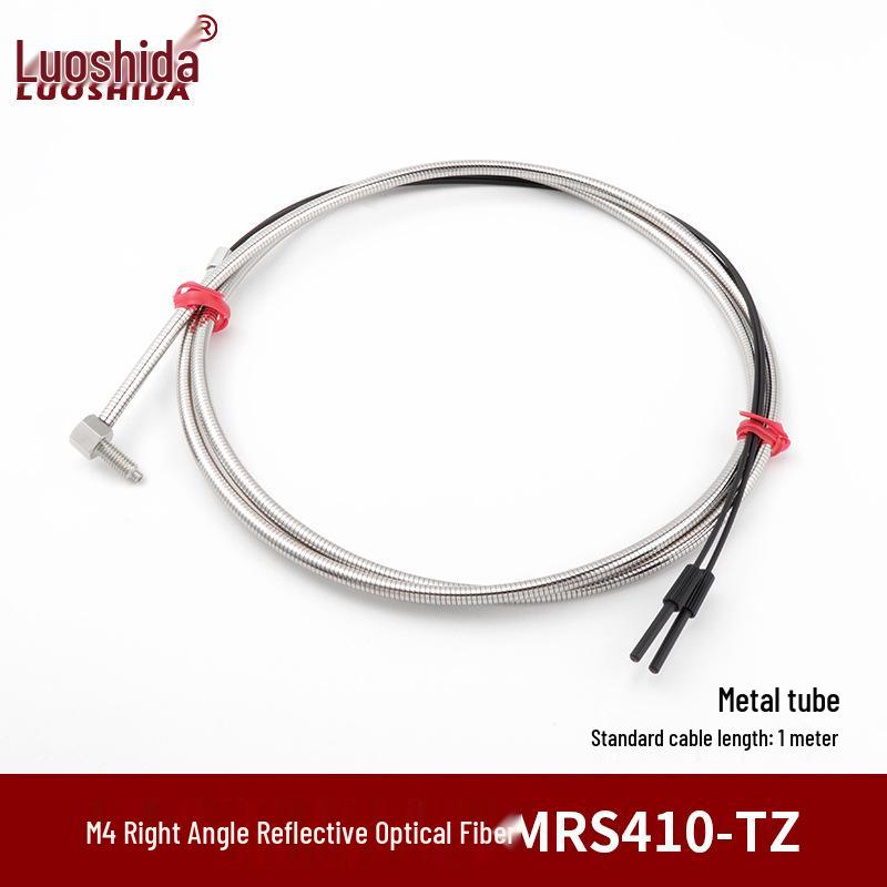Metal Sheathed Fiber Optic Sensor Amplifier with Right Angle Elbow and Extended Reflective Through-Beam Cable