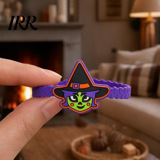Colorful Cartoon Character Bracelets 2PCS Halloween Bracelets, Ghost/Pumpkin/Black Cat/Skull/Witch/Little Devil Shape, Adjustable Flexible PVC