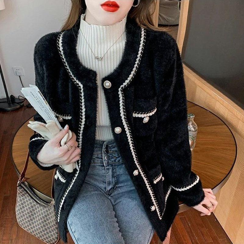 Зимняя элегантная подиумная непромокаемая норковая женская куртка, мягкие теплые офисные женские винтажные вязаные кардиганы, корейские однотонные пальто