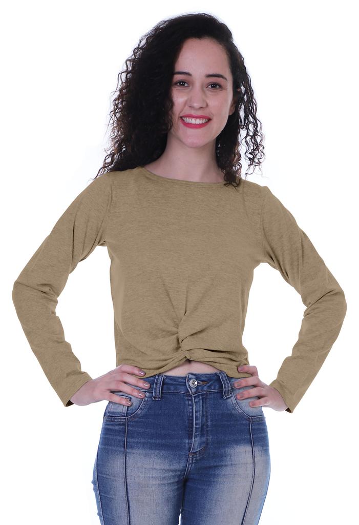 Moomaya Womens Full Sleeves Front Knot Crop Top Summer Tshirt Plain Tee Tops