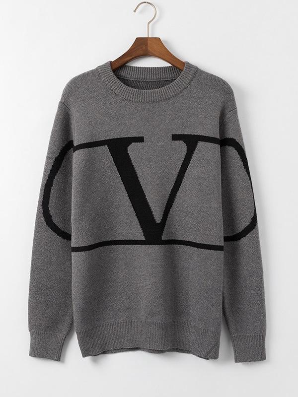 VT Valentino Унисекс вязаный свитер: 25 стилей, Свободный крой, Круглый вырез, Жаккардовый логотип-буква на груди.