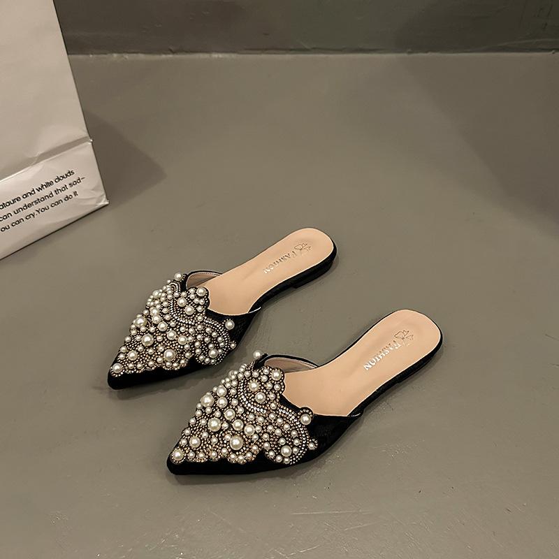 Temperament National Style Baotou Lace Женская обувь Плоские остроносые полутапочки Женские тапочки Xia Liang Ленивые тапочки со стразами и жемчугом
