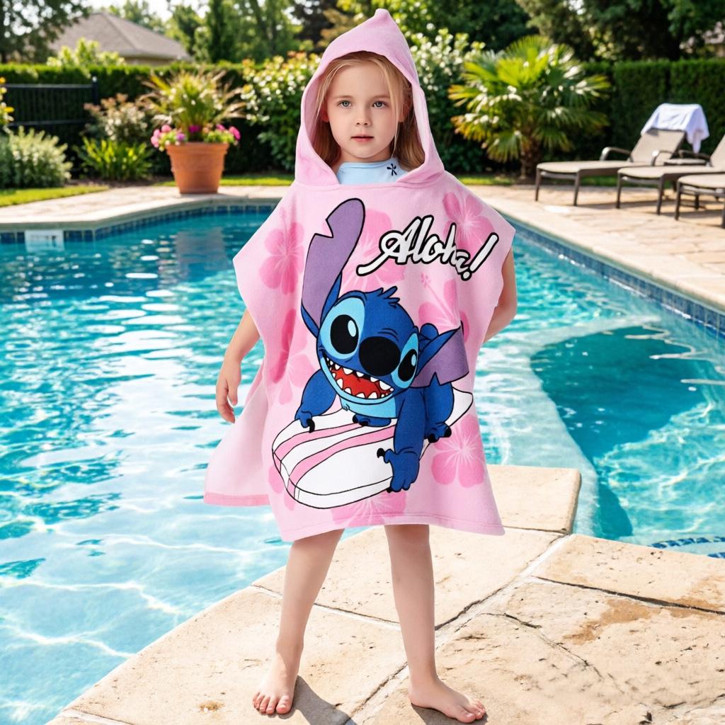 Ultra-Fine Fiber Cartoon Print Kids' Hooded Bath Towel Poncho