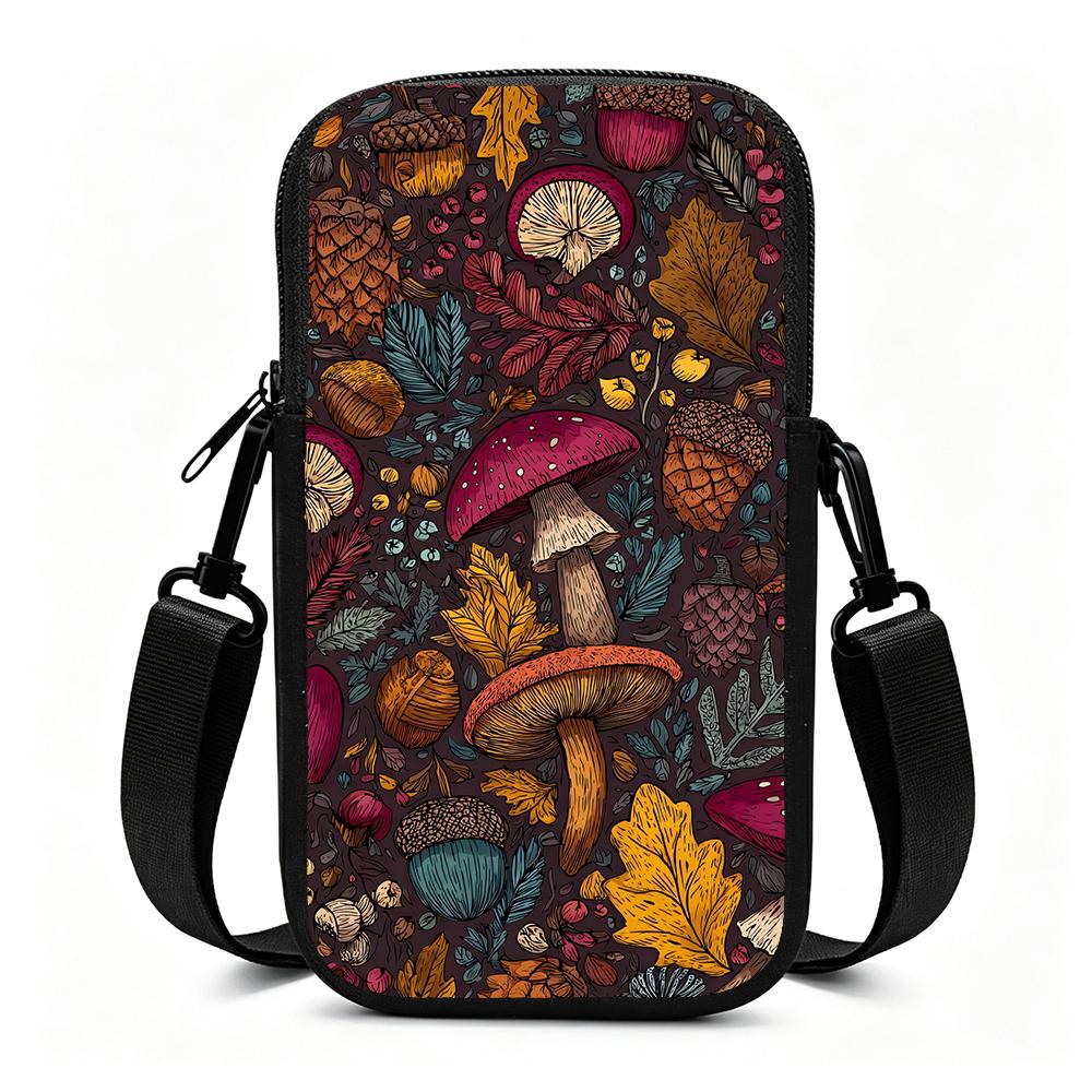 Vintage Botanical Mushroom Acorn Forest Print Crossbody Phone Bag, Autumn Woodland Theme Mini Shoulder Purse, Festive Holiday Gift Travel Pouch