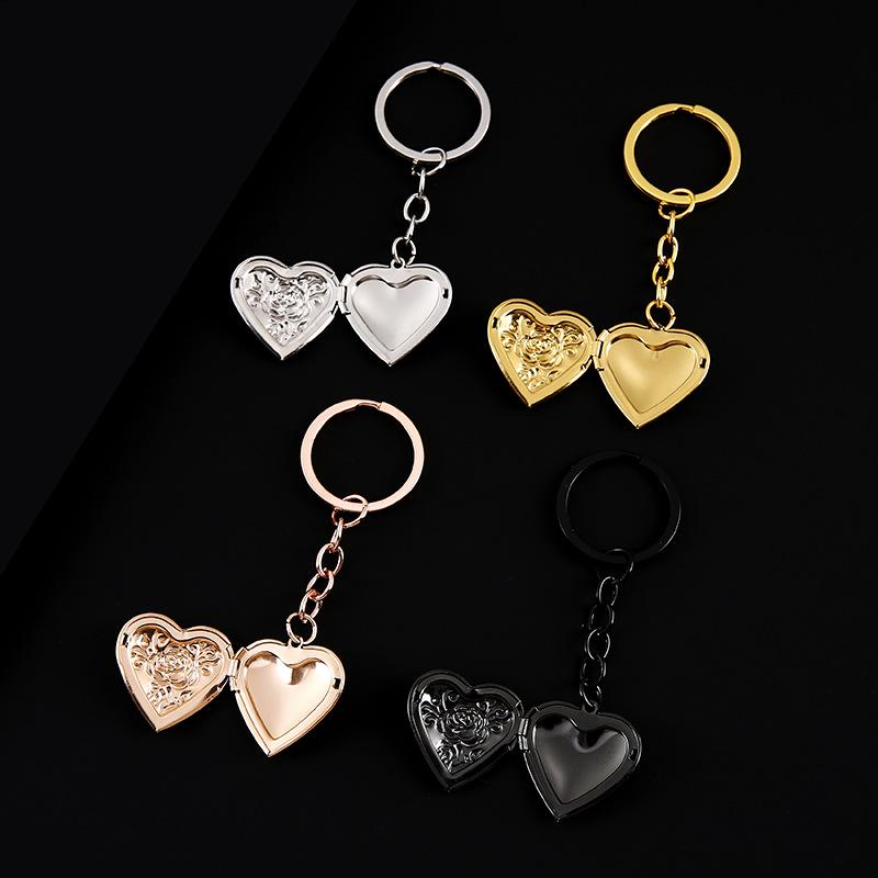 Rose Heart-Shaped Stainless Steel Keychain Photo Box with Mirror Finish