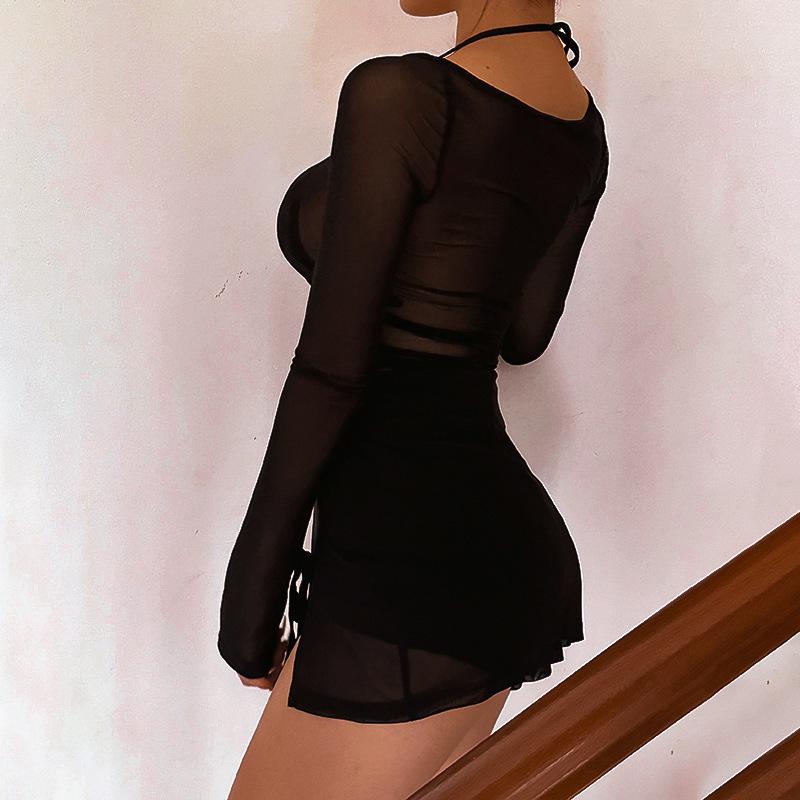 Сексуальное прозрачное сетчатое прозрачное мини-платье женское со шнуровкой, длинным рукавом, квадратным вырезом и разрезом, короткое платье для пляжного клуба