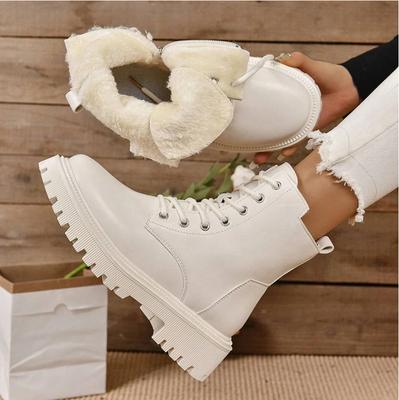 Теплые утолщенные плюшевые ботильоны на платформе, женские зимние ботинки из искусственной кожи с толстой подошвой из хлопка, женские черные мотоциклетные ботинки