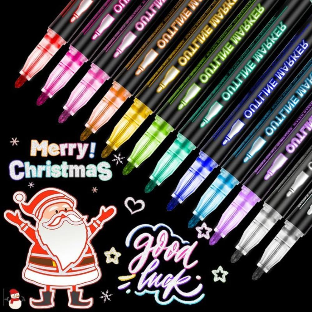 Fantasy Glitter Dual-Line Outline Pen, 8/12/24/36 Set Outline Markers, Self-Draw Outline Metallic Markers