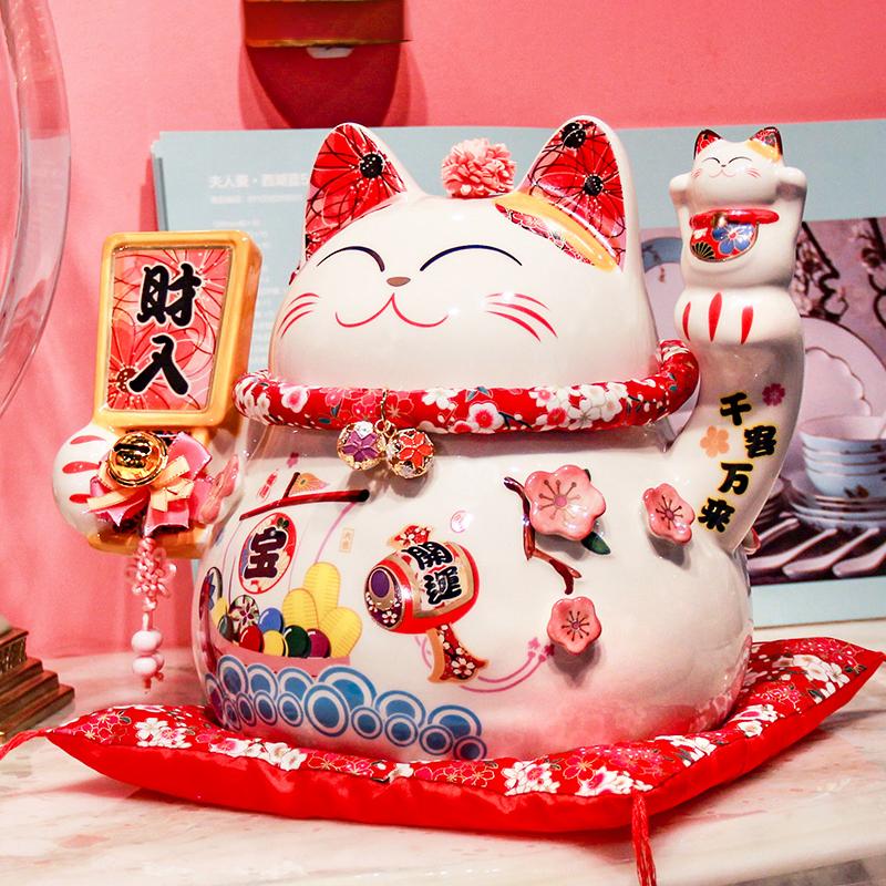 Ceramic Maneki Neko Lucky Cat - Japanese-style Fortune Cat Statue for Home, Shop Entryway, Foyer, and Office Decor