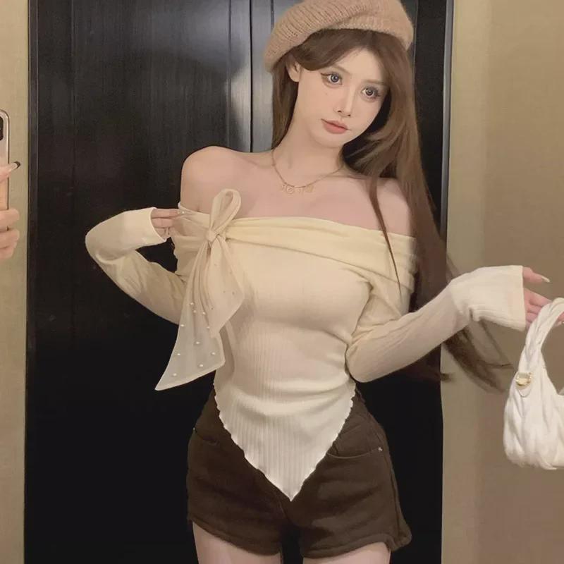 2024 Модный женский топ на одно плечо с асимметричным бантом и длинным рукавом для весны и осени