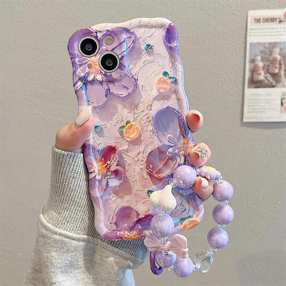 Waterproof and Shockproof TPU Colorful Flower Phone case for iPhone 15 Pro Max Wrist Strap 14 Protective case
