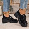 Women's Black Chunky Heel Loafers Fashion Patent Leather Platform Shoes Woman Thick Bottom Lace Up Dress Shoes Plus Size 35-43
