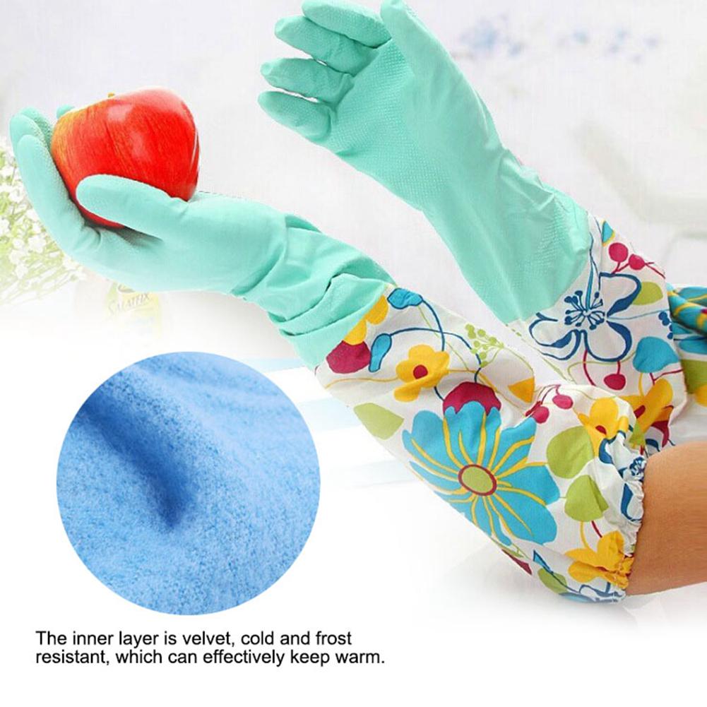 Green Floral Dishwashing Gloves Household Beam Port Velvet Gloves Warm Gloves