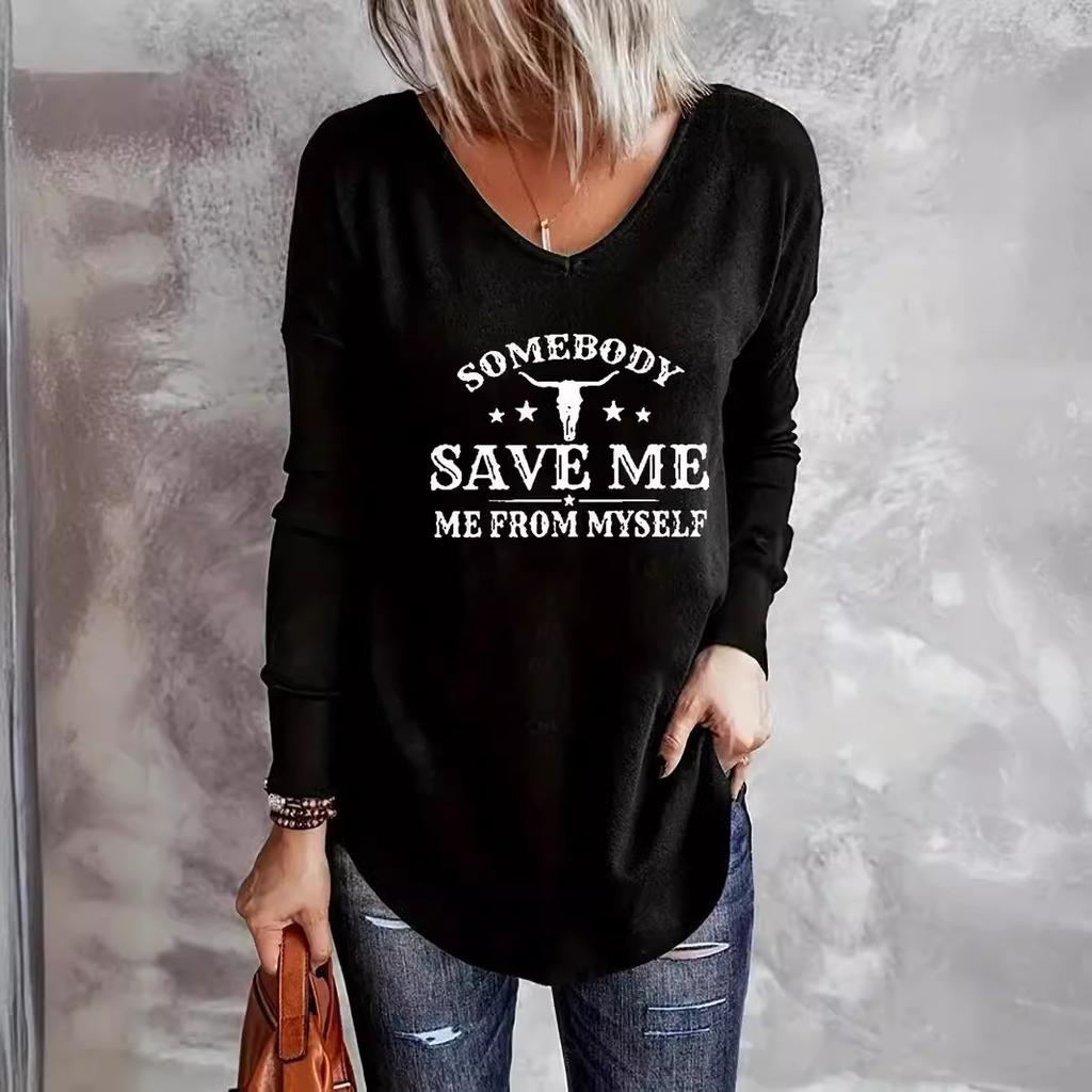 Animal Letters Feather Moon Printed 3D T Shirts Plus Size Black Tees Women Fashion V Neck Long Sleeve T Shirt