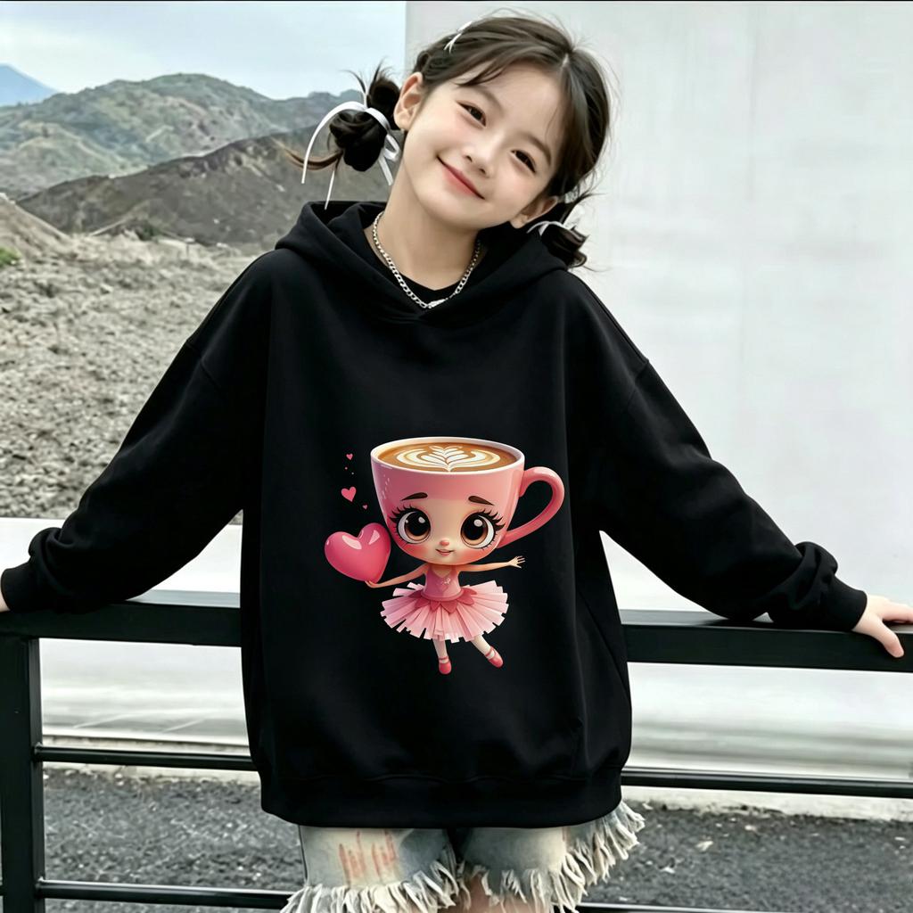 Kids Hoodie Spring Autumn Winter Warm Sweatshirt Cute CoffeeCup Ballerina Print Long Sleeve Hooded Pullover Children Casual Tops