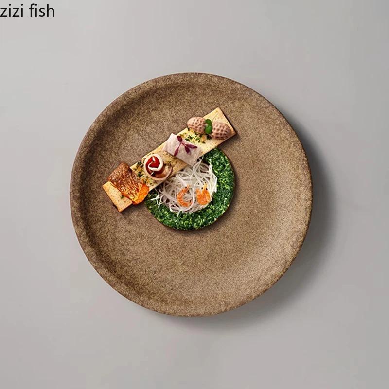 Vintage Frosted Brown Ceramic Plate Restaurant Round Steak Plate Pasta Plate Dessert Plates Snack Plates  Creative Salad Plates