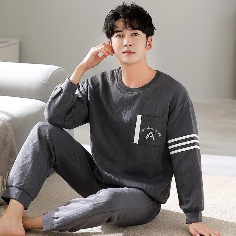 Air Cotton Pajamas Men'S Autumn And Winter Thickened Long-Sleeved Spring And Autumn Interlayer Korean Version Of The New Loungewear Warm Suit
