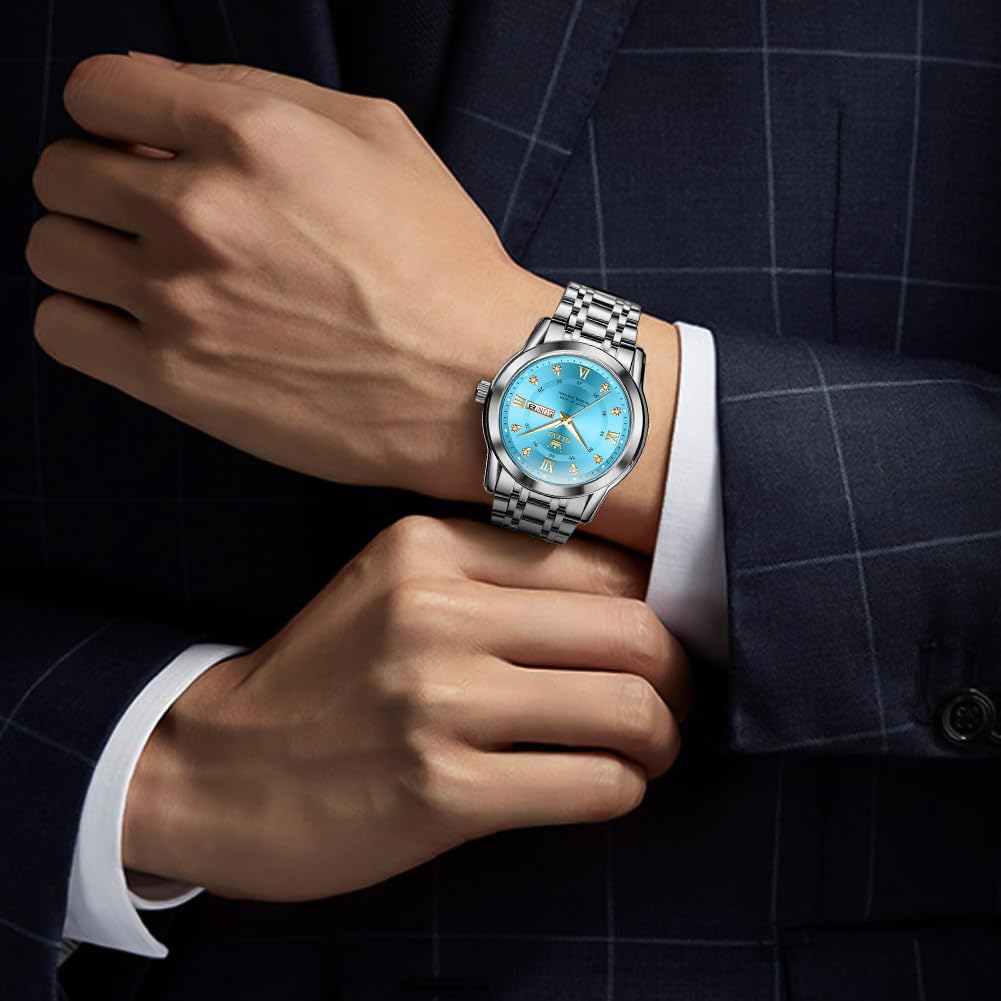 OLEVS Men's Watch, Blue, Popular, Quartz Movement, Calendar, Waterproof, Stainless Steel, Stylish, Silver