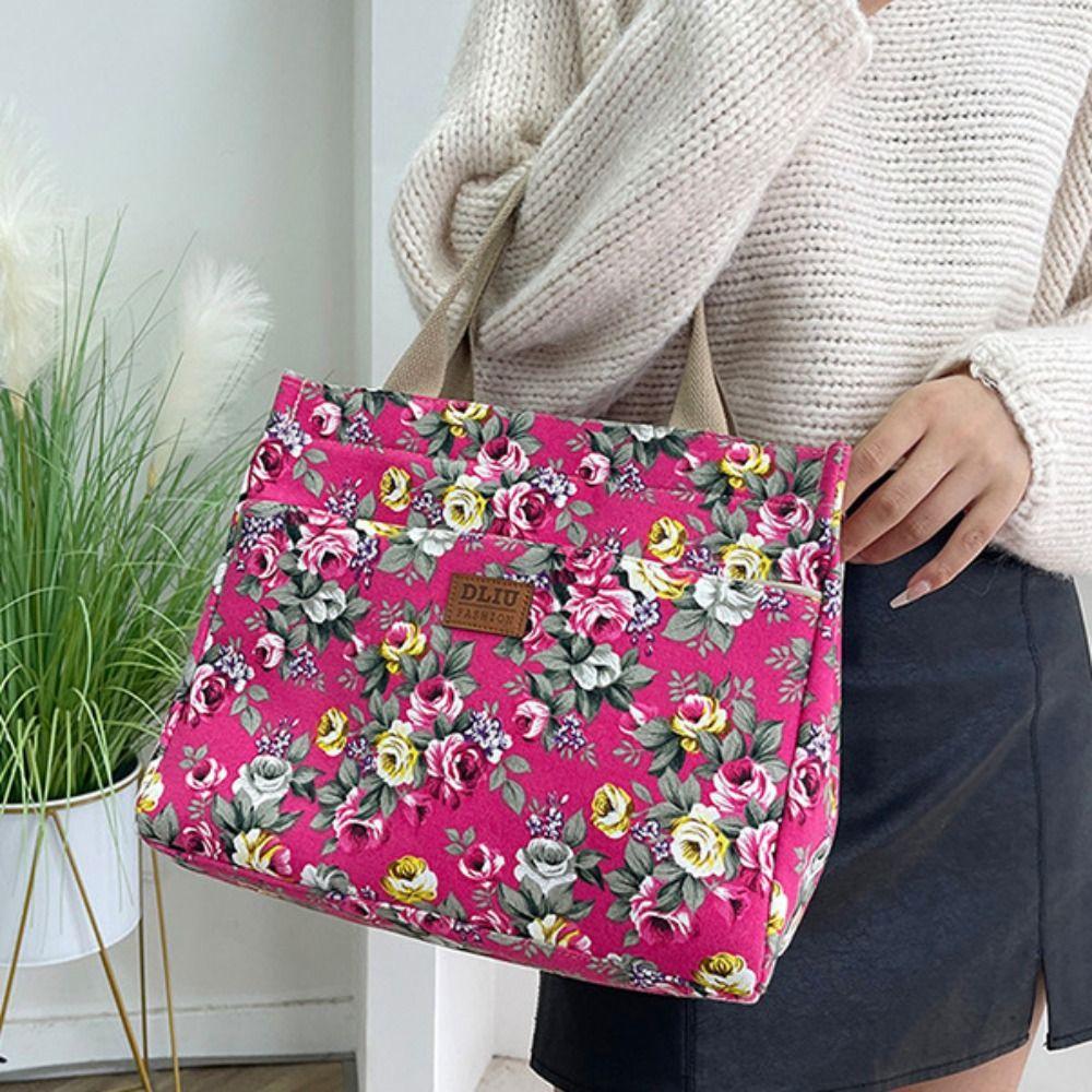 Large Capacity Casual Handbag Zipper Canvas Lunch Bag Portable Floral Print Tote Bag Picnic