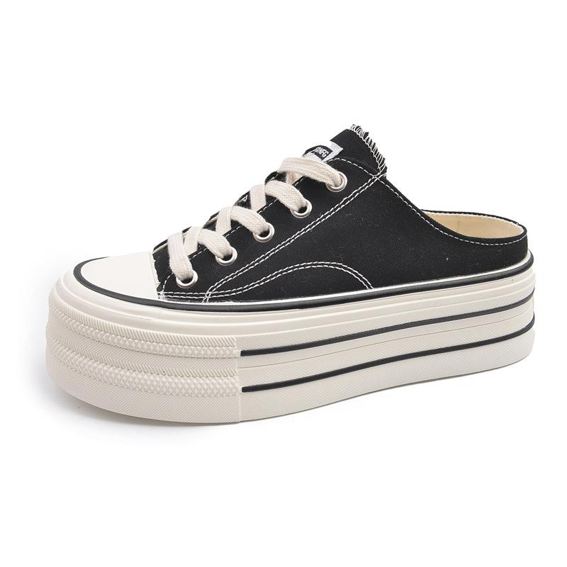 Туфли Muffin толстые низкие белые женские 2025 новые модные универсальные однопедальные увеличивающие рост и тонкие повседневные парусиновые тапочки