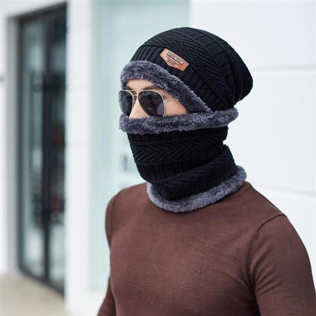 Комплект шапка-манишка (черный)/Меховая шапка Бини Зимняя шапка