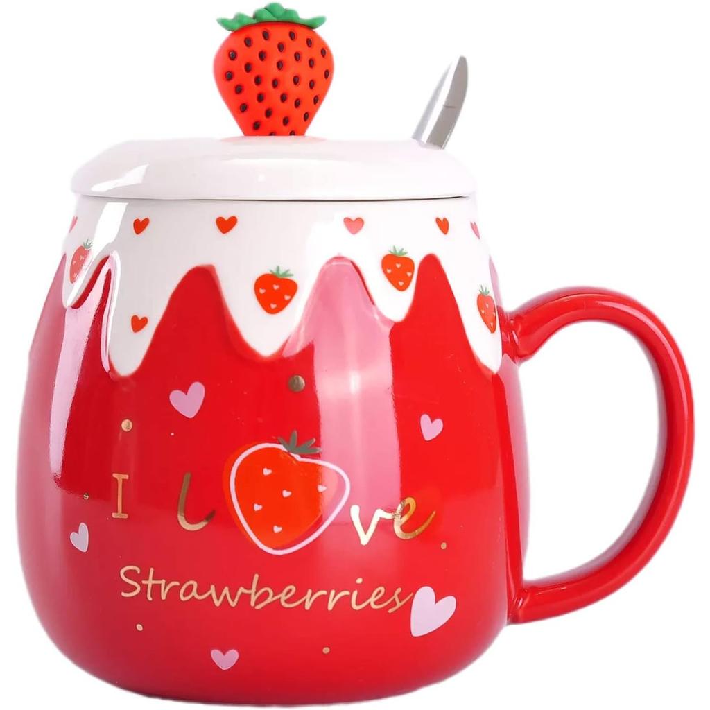 Cute ceramic mug, large capacity strawberry shaped coffee cup with lid, spoon, high-end feeling, Children's Day gift water cup