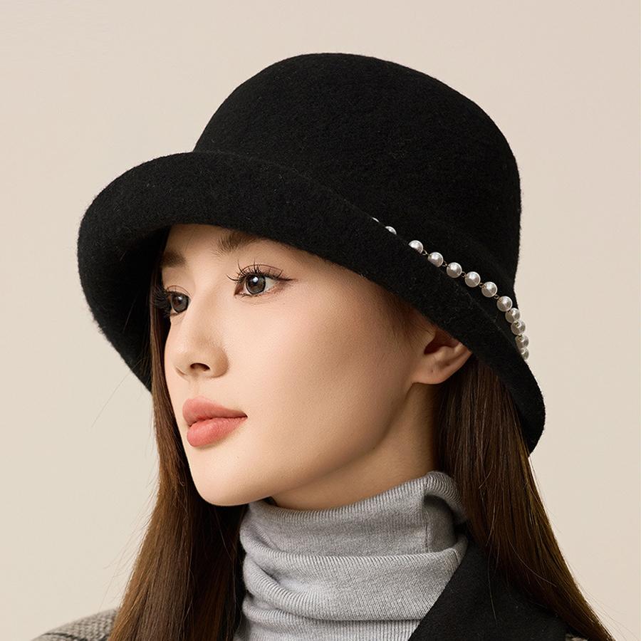 Pearl Wool Top Hat Women's Dome Hat Autumn Winter Warm Bucket Hat