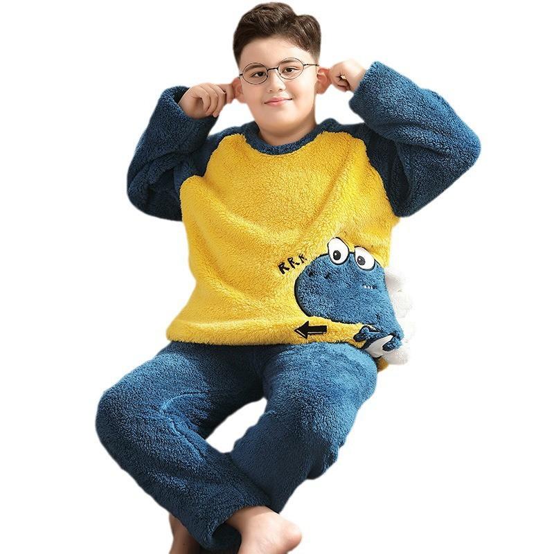 Boys Plus Size Coral Fleece Pajama Set Warm Winter Sleepwear Kids Ages 8 With Cartoon Animal Print