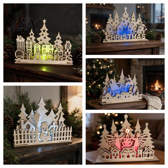 Christmas Home Accents Table Wooden Sign, Vintage Tree Village House Lighted Tabletop Decorative Wood Craft Centerpiece, Winter Indoor Desktop