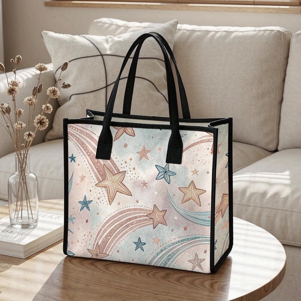 Boho Star Rainbow Printed Tote Bag Casual Ladies Daily Use Shopping Shoulder Handbag Fashion Portable Large Capacity Trendy Cute Design