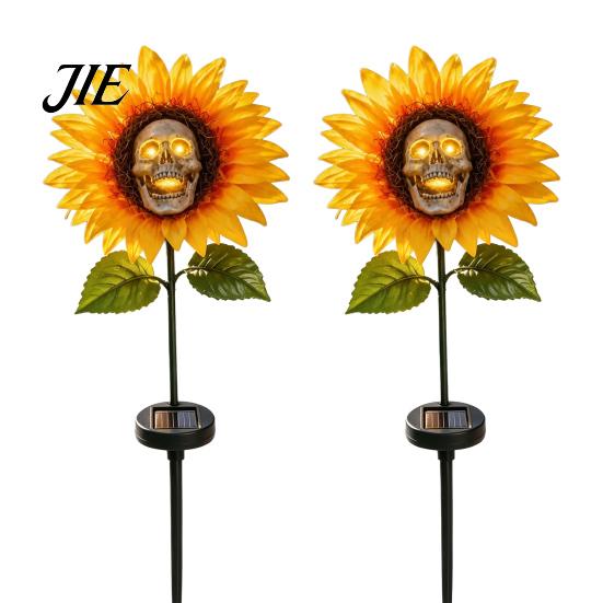 Festive Atmosphere Garden Landscaping Solar Stake Light, Gothic Skull And Sunflower Outdoor Statue Lamp, Wireless Powered Ground Lights Waterproof LED