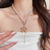 Retro Pearl Beaded Metal Pleated Flower OT Buckle Necklace Premium Niche Temperament Clavicle Chain Jewelry