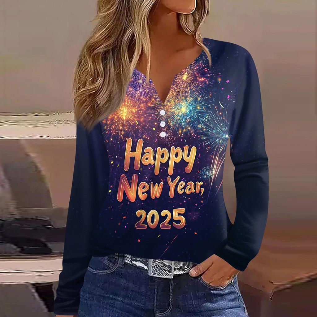 Жен. Футболка Футболка С принтом Пуговицы Длинный рукав Повседневные Выходные Мода Классический V-образный вырез Обычный Верх