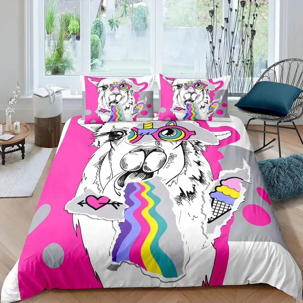 Cute Cartoon Alpaca Llama Cactus Print Duvet Cover Set Full Size, Alpaca Bedding Set Botanical Animal Comforter Cover,Multicolor