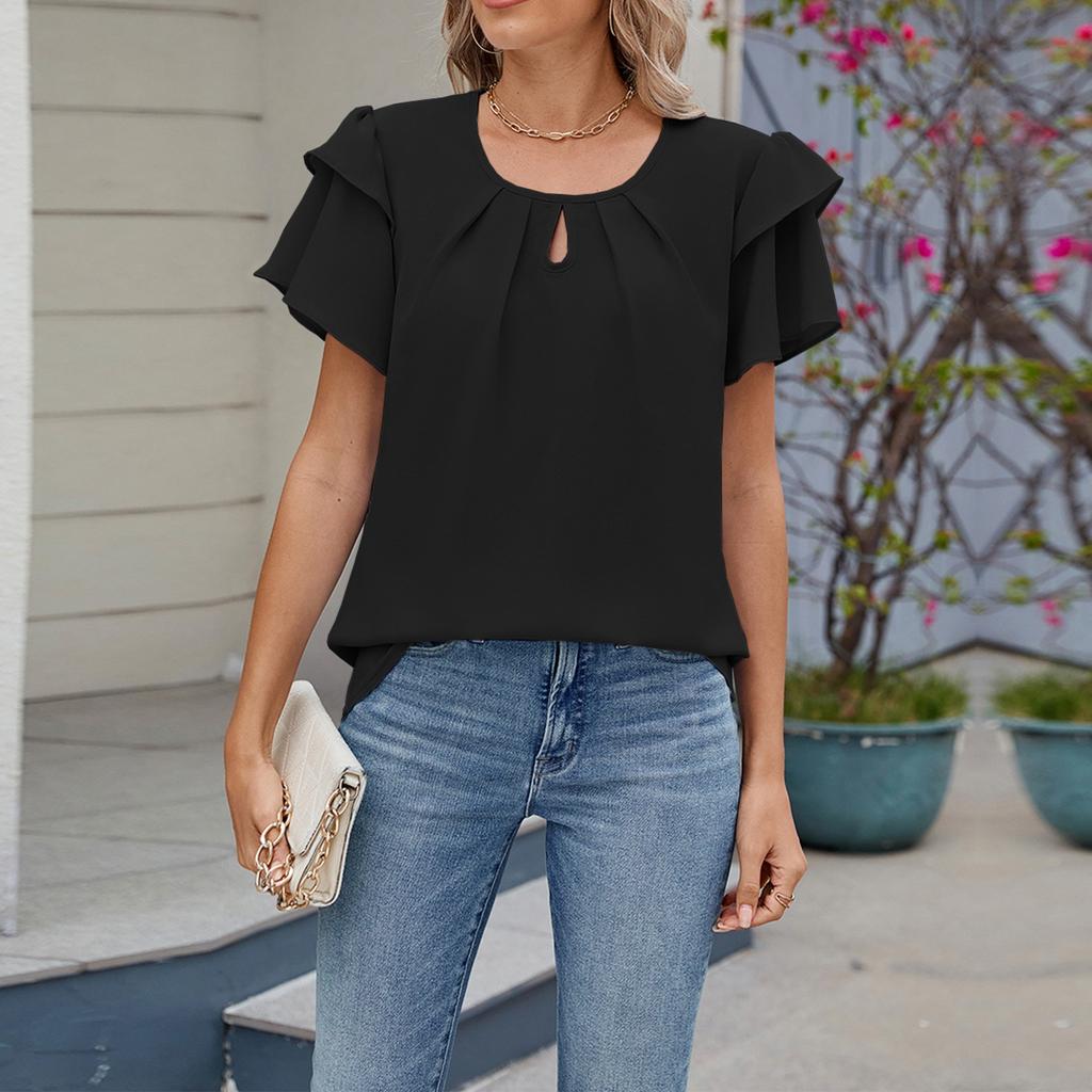 Женские весенние и летние топы, модные женские свободные однотонные топы с круглым вырезом и коротким рукавом из шифона