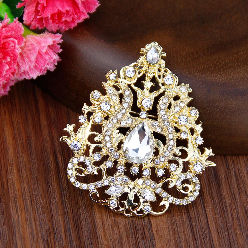 Gold Color Brooch Crystal Lady Ethnic Wedding Jewelry Hijab Pins Bridal Gift 2023