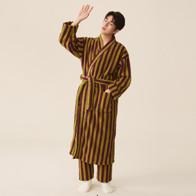 Women Men Flannel Bathrobe Set Thick Warm Loungewear Sleepwear