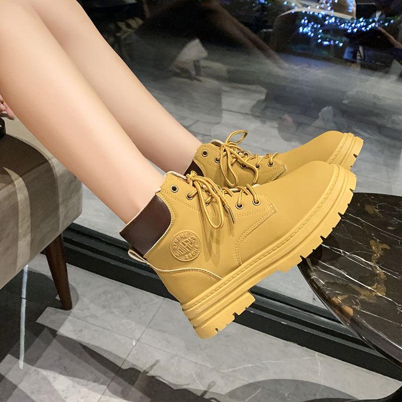 Ботинки Мартин новые осенние короткие ботинки с высоким берцем ботинки цвета ревеня желтые на толстой подошве британские горные ботинки