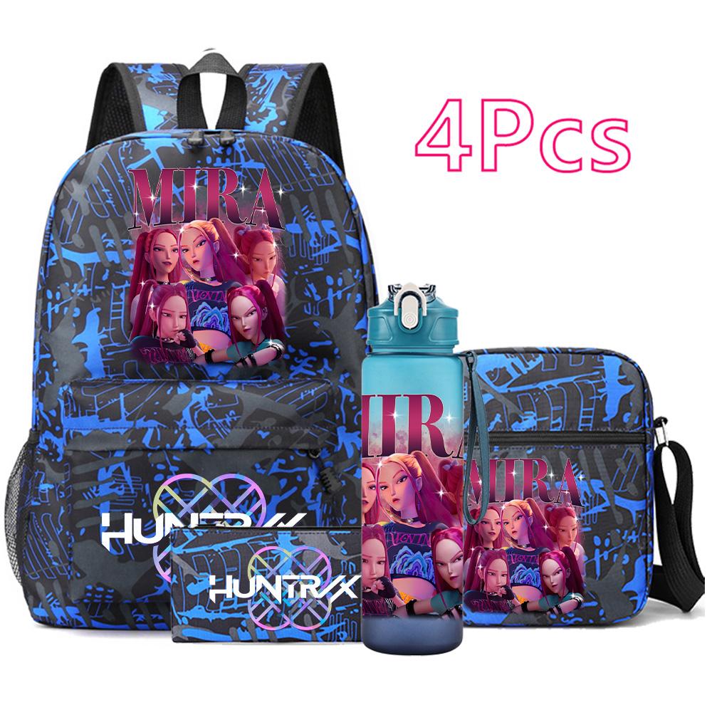 4Pcs/set Anime Demon Hunters Printed Backpack Bookbag Shoulder Bag Case Bag with 750Ml Water Bottler for Boy Girl Large Capacity Schoolbag