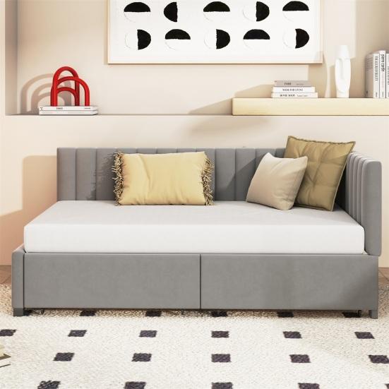 Adult Cot Velvet Upholstery Bed with 2 Drawers L-shaped Ergonomic Design Single Slatted Frame Backrest Strong Wood Slat Support Home Furniture