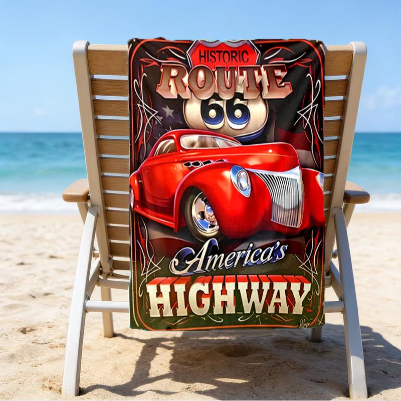 proof beach towel with a U.S. Route 66(0) pattern - soft,absorbent,quick-drying,machine washable - perfect for swimming,camping,bathing