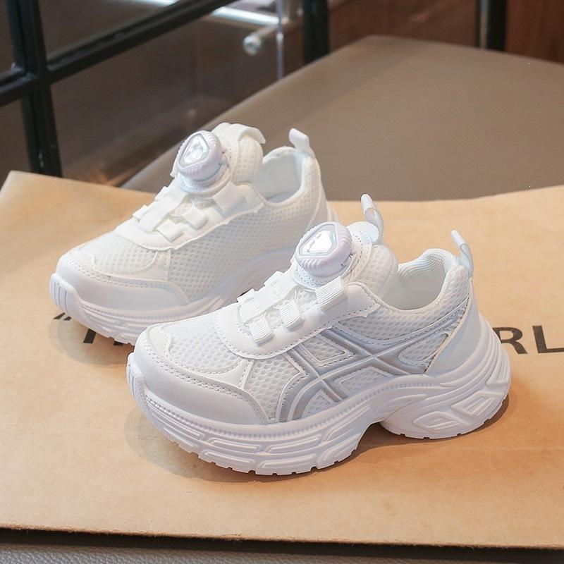 Summer Breathable Double Mesh Kids Sneakers With Rotating Buckle Soft Sole Dad Shoes For Boys And Girls Running