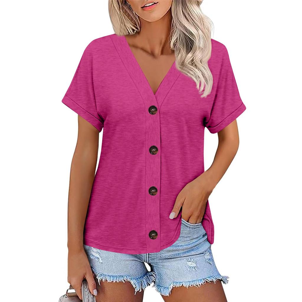 Women's Fashion Short-sleeved V-neck Solid Color Top Casual Button T-shirt