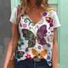 Women V-Neck T-Shirts Butterfly Print Casual Pullover Loose Short Sleeves Oversized Tee Shirt Female Fashion Clothing 2024 S-4x