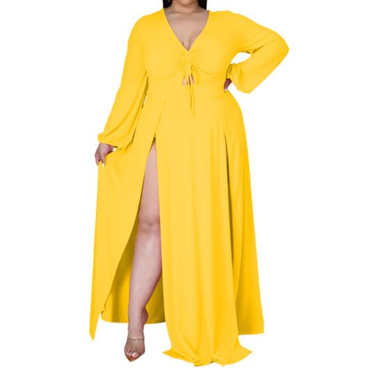 Сплошное цветное платье макси с разрезом подол, женское платье с v-образным вырезом и гофрировкой длиной до пола, платье большого размера, уличная одежда